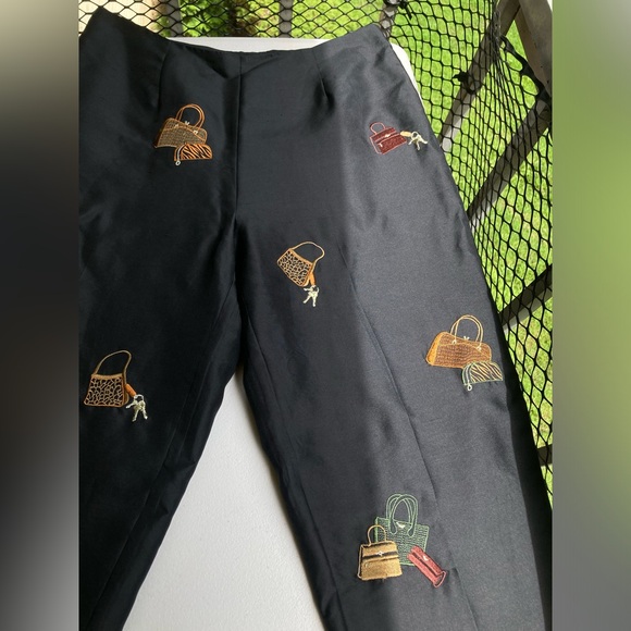 Vintage 100% Silk Black Pants Embroidered All Over Purse Hand Bag Print Trousers - Picture 1 of 16